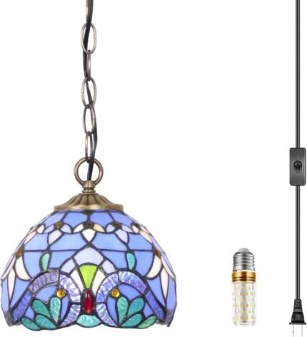 Small Tiffany Pendant Light Plug in 8 Inch Mini Stained Glass Hanging Lamp, 47 Inch Chain, 15 Feet Cord (Baroque Style)