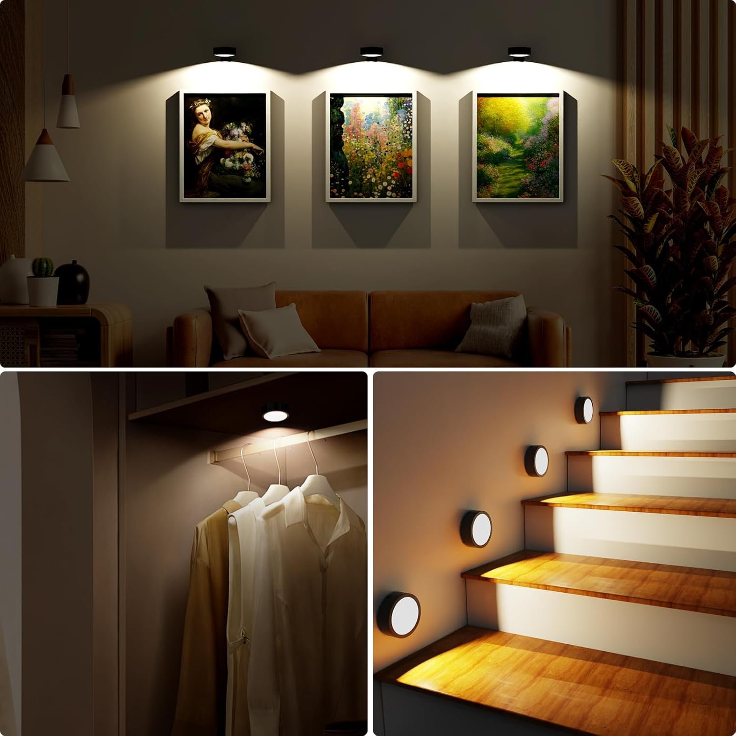 Picture Lights for Wall, Rechargeable Battery Operated Wireless Magnetic Painting Lights with Remote Dimmable and Timer, Wall Decor Lights with 3 Lighting Modes for Art Display (Black, 3Pack)