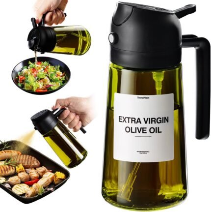 TrendPlain – Original 16oz/470ml Olive Oil Dispenser Bottle for Kitchen Gadgets and Air Fryer Accessories – Olive Oil Sprayer for Cooking w/Stickers – Black
