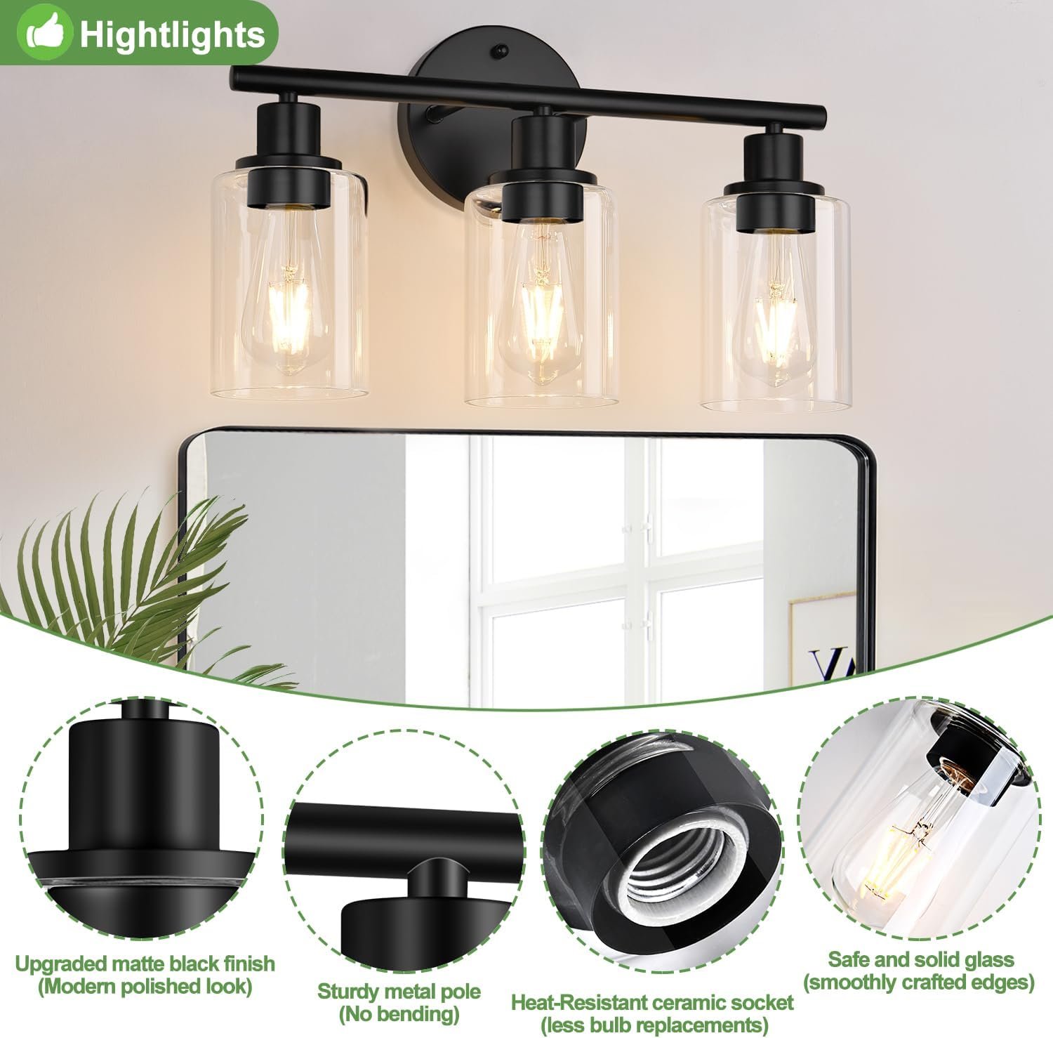 3-Light Bathroom Light Fixtures, 17.23″ Black Modern Vanity Lights with Clear Glass Shade, Bathroom Wall Lamp for Mirror Kitchen Living Room Hallway Cabinet Porch