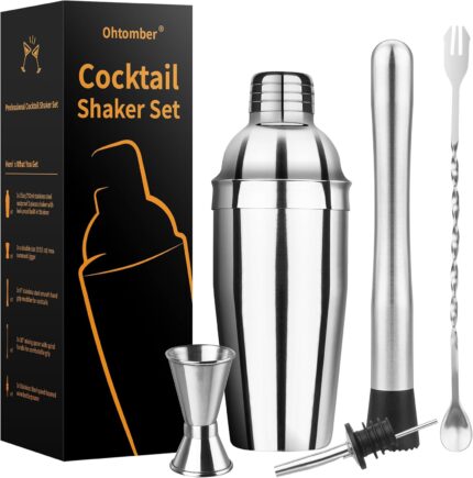 Ohtomber Cocktail Shaker Bartender Kit – 5PCS Cocktail Martini Shaker with Strainer, Muddler, Bar Spoon, Measuring Jigger for Bartending and Liquor Bottle Pourers, Drink Mixer Bar Tools