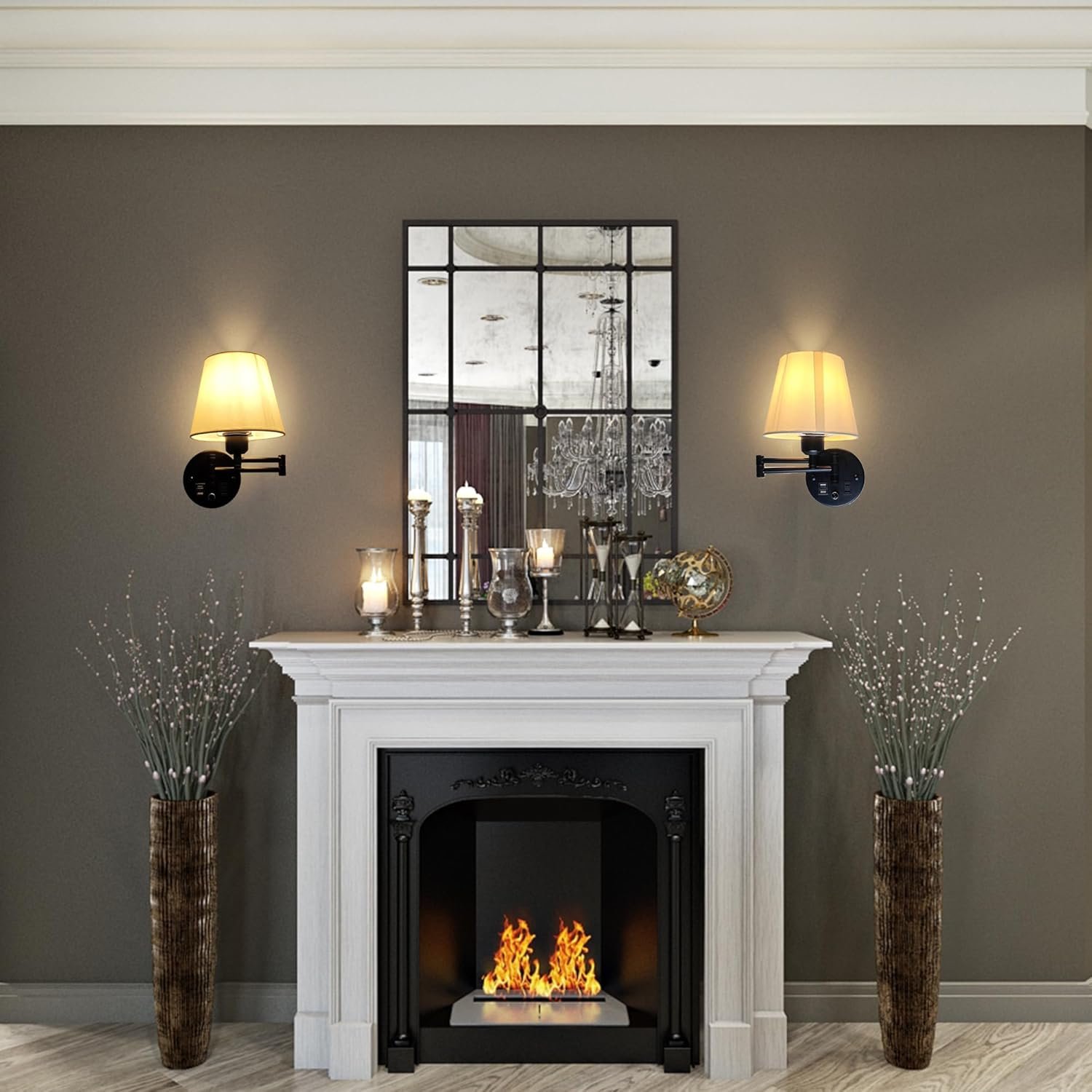 Wall Mounted Bedside Lamps with USB and 2 Pin Socket,Bedroom Sconces Set of 2 Cord and Switch,Dimmable Swing Arm Wall Sconce with White Linen Fabric Shade(E26/E27 Bulbs Not Included)