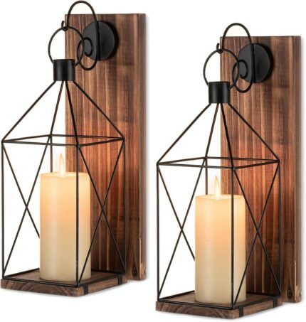 Candle Sconces Wall Decor: Set of 2 Farmhouse Wood Candle Holder Indoor Black Metal Lantern Decorations for Living Room Front Porch Yard