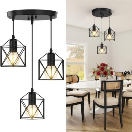 3-Light Pendant Lighting, Farmhouse Hanging Light Fixture for Kitchen Island & Dining Room, Industrial Vintage Ceiling Lamp with E26 Base, Adjustable Height, Matte Black
