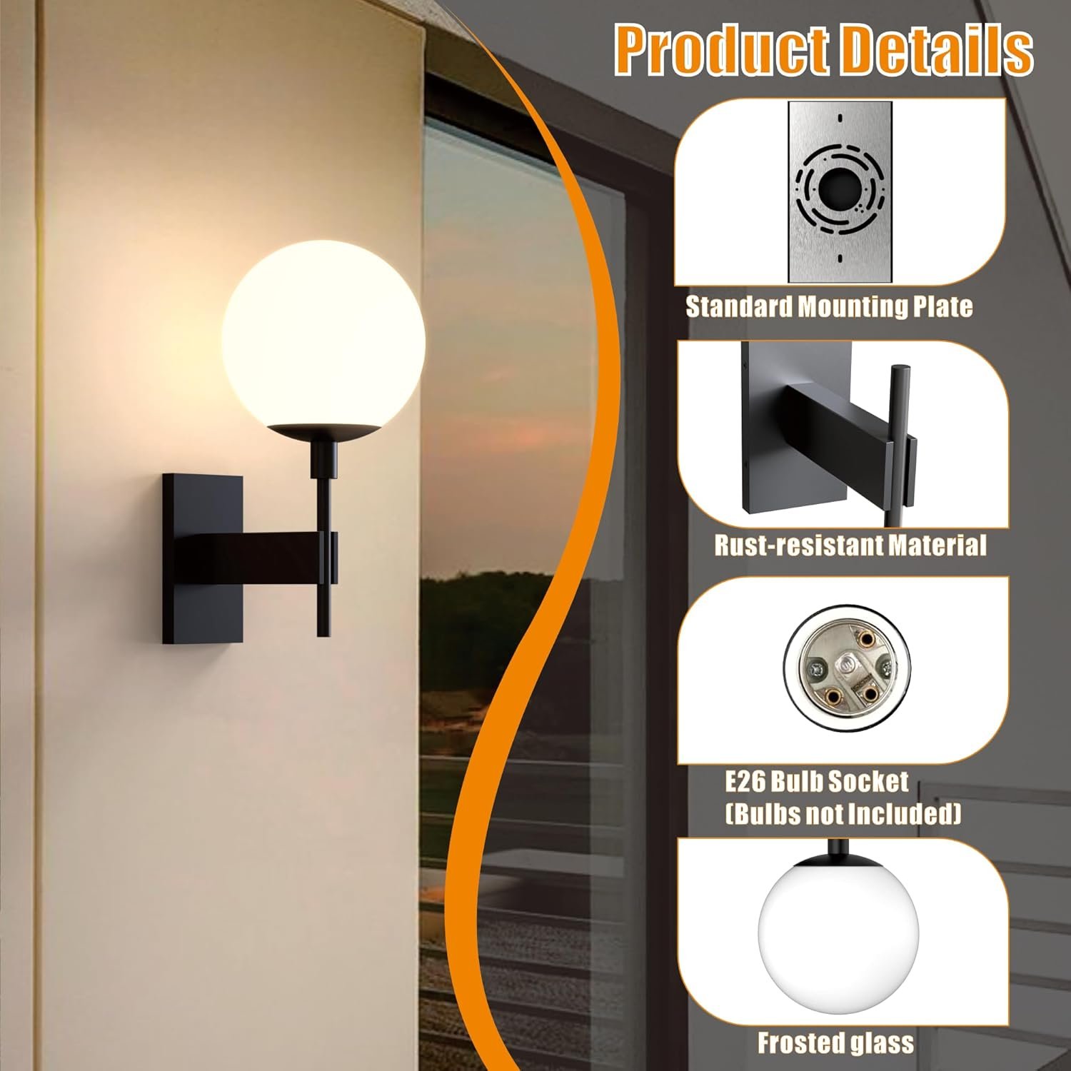 Hyunbae Outdoor Wall Sconce, 18.9″ Large Size Wall Light, Exterior Light Fixtures Wall Mount for House, Globe Glass Front Porch Lights, Waterproof Outside Lighting Sconce Lamp with E26 Base