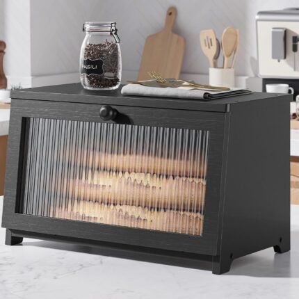 Kitsure Bread Box – Wooden Bread Box for Kitchen Countertop, Large Capacity Kitchen Countertop Organizer, Stylish Bread Storage with Window, Multi-functional Container, Black, 15.0″x8.3″x9.1″ (1T)