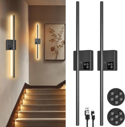 31in Wireless Wall Sconces Set of Two, [Creates Sunset Glow Ambiance] Dimmable 2700K–6000K with 8000mAh Battery & Display, Touch/Remote Control, Rechargeable Wall Lamps for Home Decor – Black