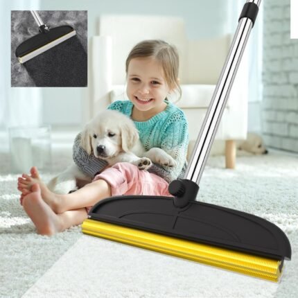Carpet Rake for Pet Hair Removal, Reusable Dog Hair Remover with 46”Adjustable Long Handle, Soft TPU & Metal Dog Hair Broom Cat Fur Brush, Carpet Scraper Remover Tool for Fluff Carpet, Bed, Rug