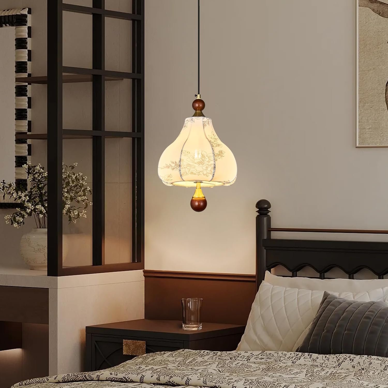 Fabric Pendant Light, Modern Wood Single Head Hanging Lamp, Brass Finished Adjustable Pendant Lighting Fixture,Vintage Chandelier for Bedside, Hallway, Bedroom, Kitchen Island, Restaurant