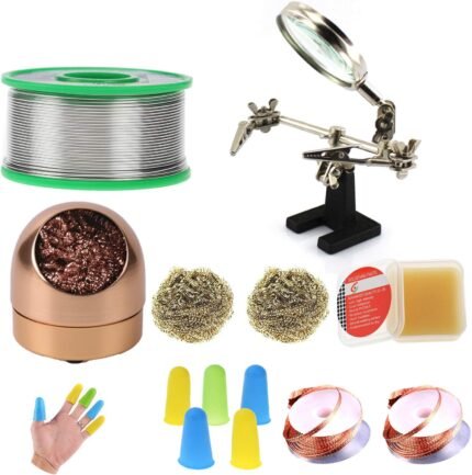 Makeronics Soldering Starter Kit for Electrical | 0.14 lb/62g 0.8mm Solder Wire Rosin Core Sn99 Ag0.3 Cu0.7 | Iron Tip Cleaner with 3 Brass Ball | Helping Hands Aid