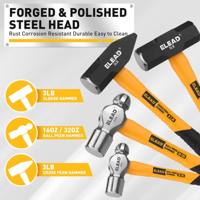 ELEAD 6-Piece Mallet Hammer Set, Fiberglass Handle Forge Steel Head, 32oz Rubber Mallet & Ball Peen Hammers, 16oz Ball Peen Hammer, 3LB Sledge & Cross Peen Hammers, 600g Wood Split Axe - Image 3