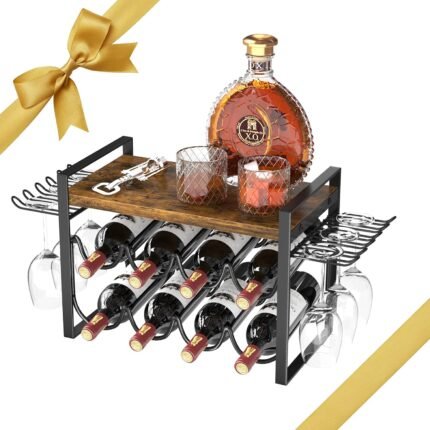 Wine Rack with Glass Holder, Countertop Wine Rack Metal Frame, Wine Holder Stand with Wooden Tray, Bottles Rack for Home Decor Kitchen Storage (Hold 8 Bottles and 4~6 Glasses)