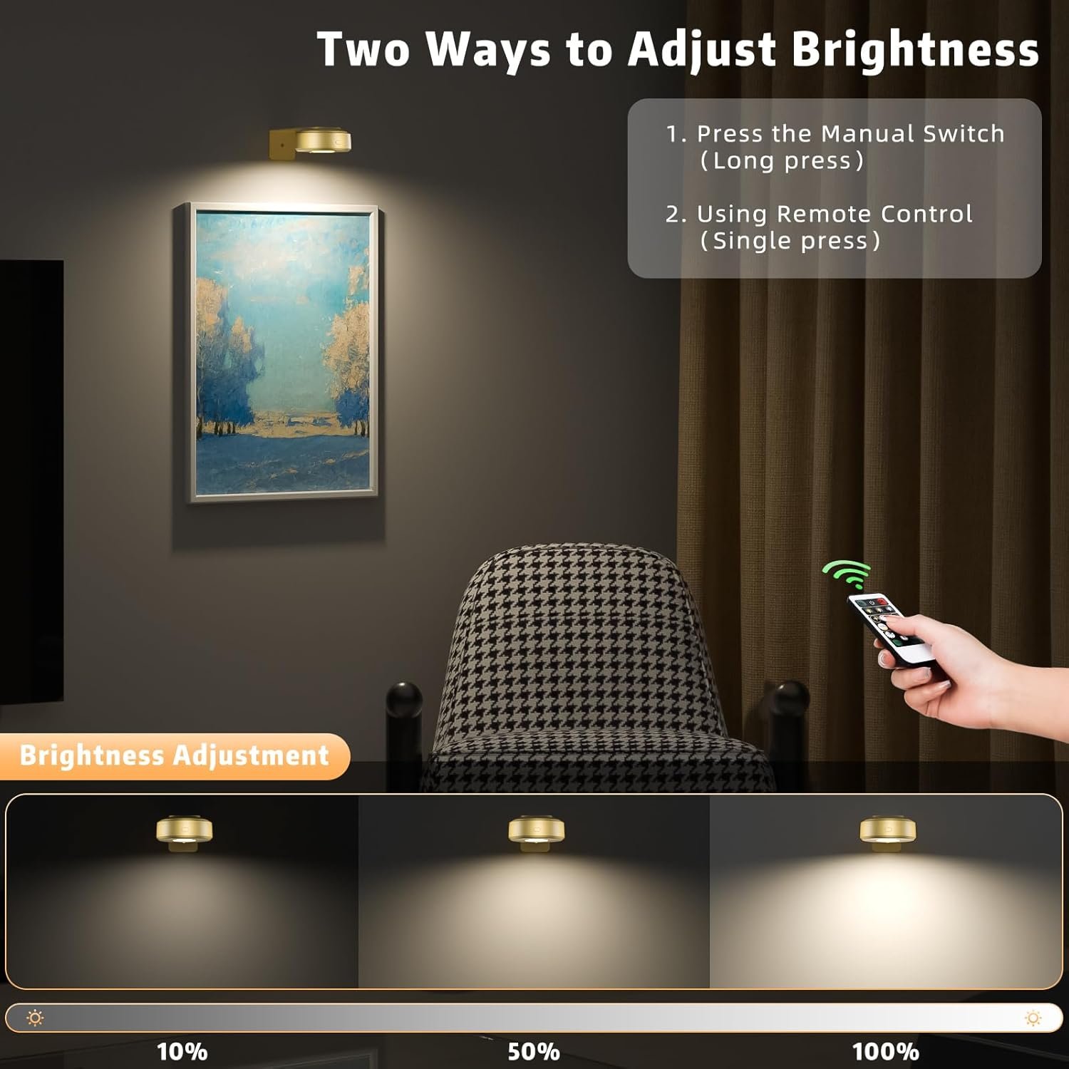 3PCS Picture Lights with Remote, Wireless Rechargeable Battery Wall Light for Paintings, 3 Colors Paintings Light Dimmable and Timer Metal Art Light for Display, Wall, Artwork, Gallery (Gold)