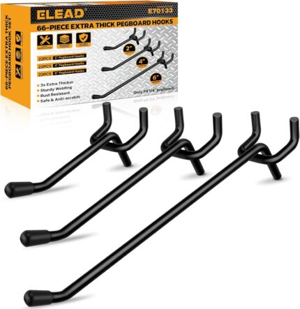 ELEAD 66-Piece 2/4/6 Inch Extra Thick Pegboard Hooks, Heavy Duty Peg Board Organizer Accessories, Peg Board Tool Hangers Fit for 1/4″ Pegboard Hanging Tools Garage, Workshop, and Craft Storage