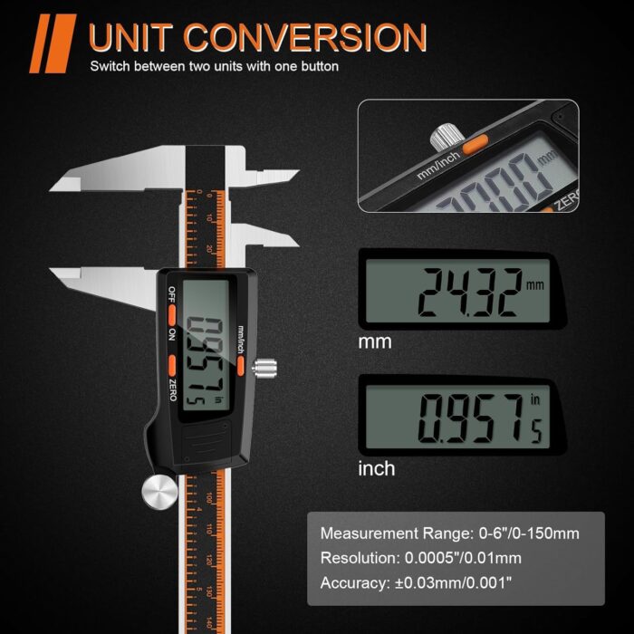 HARDELL Digital Caliper 6 Inch with Large LCD Screen, Calipers Measuring Tool with Auto-Off Feature, Inch/Millimeter Conversion, Electronic Vernier Caliper Micrometer for Jewelers/Woodworkers/DIY - Image 3