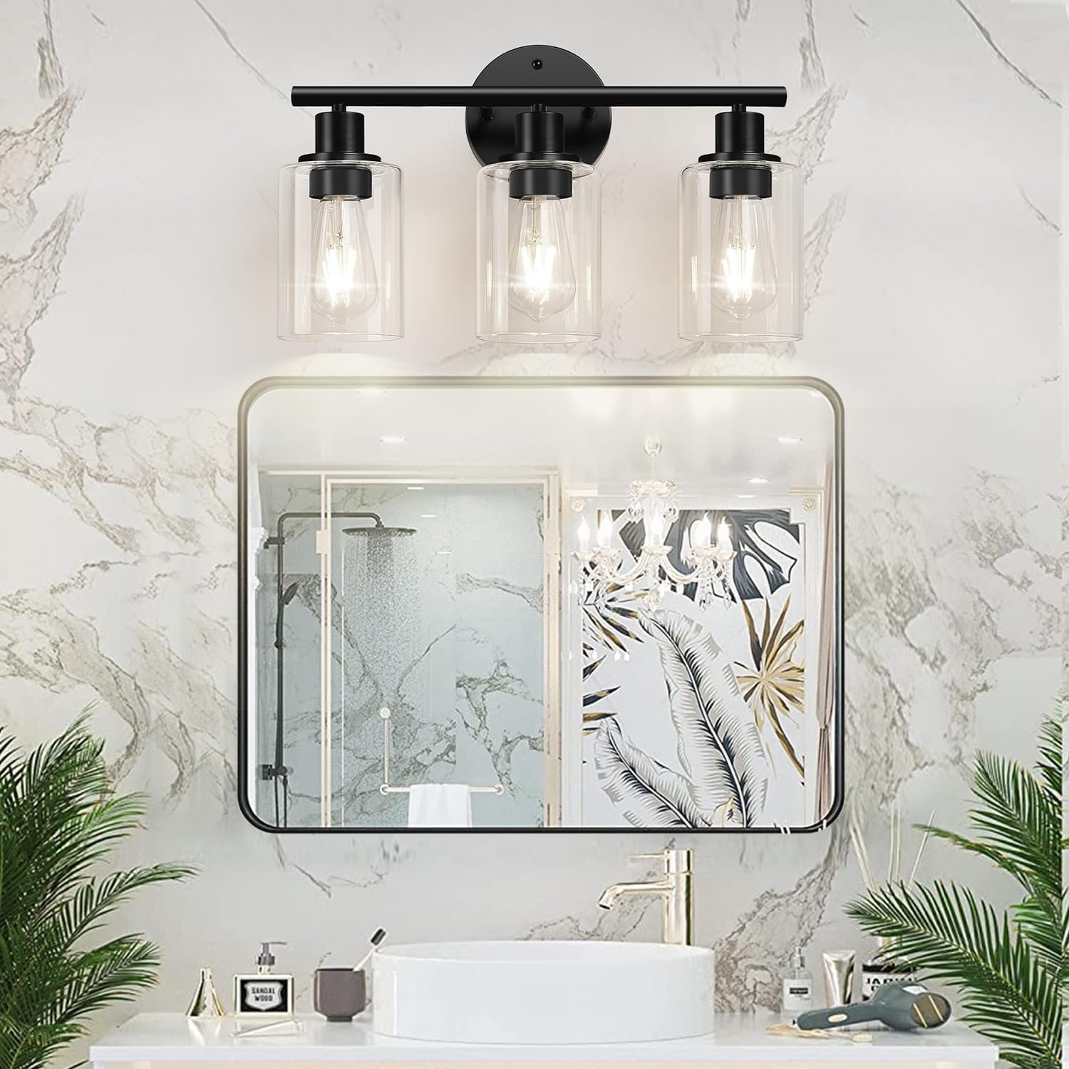 3-Light Bathroom Light Fixtures, 17.23″ Black Modern Vanity Lights with Clear Glass Shade, Bathroom Wall Lamp for Mirror Kitchen Living Room Hallway Cabinet Porch