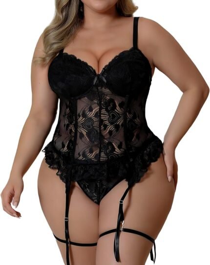 Plus Size Lingerie for Curvy Women Lace Corset with Adjustable Straps and Garter Details Sleepwear