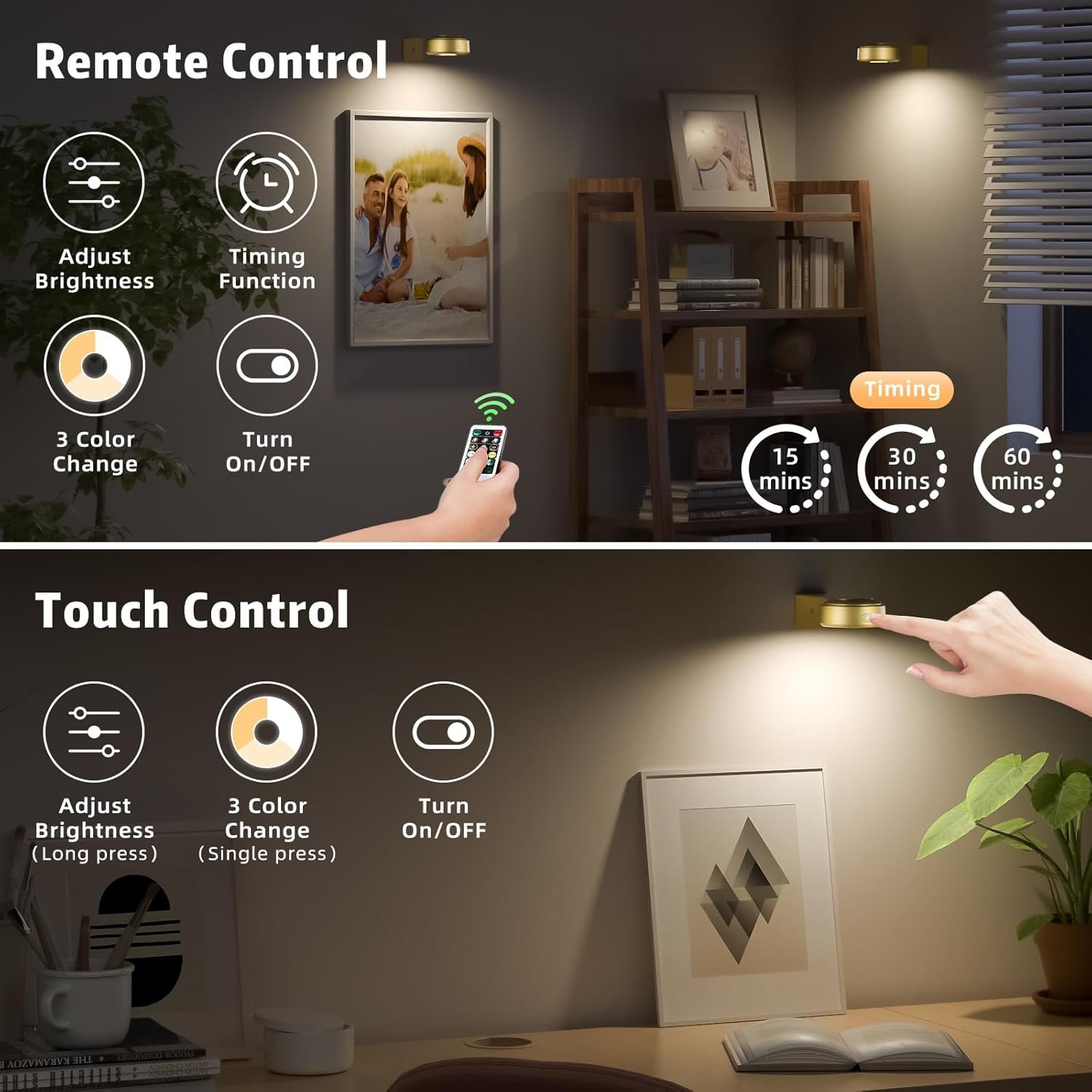 3PCS Picture Lights with Remote, Wireless Rechargeable Battery Wall Light for Paintings, 3 Colors Paintings Light Dimmable and Timer Metal Art Light for Display, Wall, Artwork, Gallery (Gold)