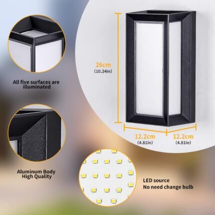 LANFU LED 18W Modern Rectangular Outdoor Wall Sconce Light 3000K Outside Light for House Patio, Black with Full Border Warm White, IP64 Waterproof Outdoor Wall Lights for House Patio Exterior Wall