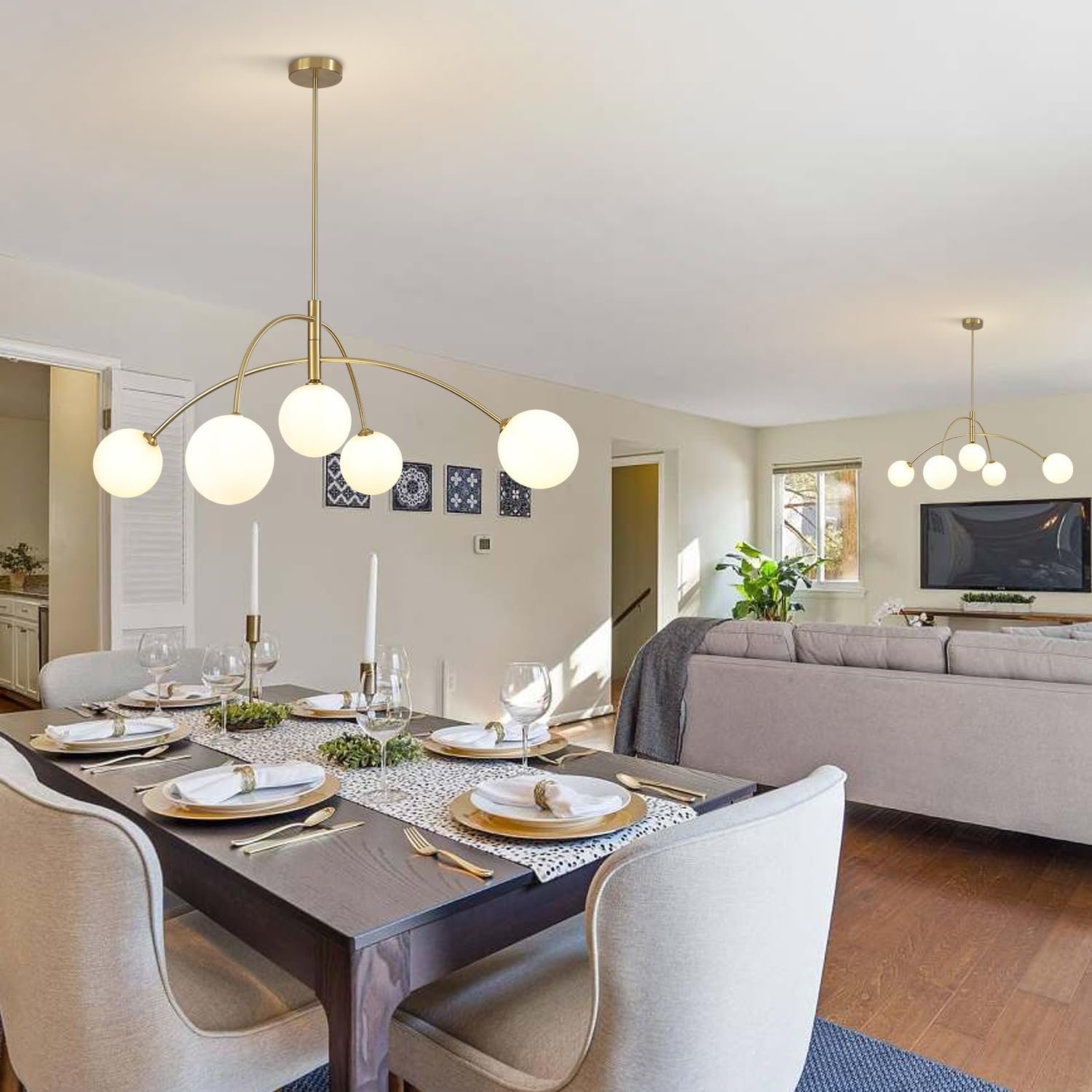 Contemporary Gold Ceiling Light 5-Light Glass Globe Lights Mid Century Modern Sputnik Chandelier for Dining Room Kitchen Bedroom Lighting Fixture