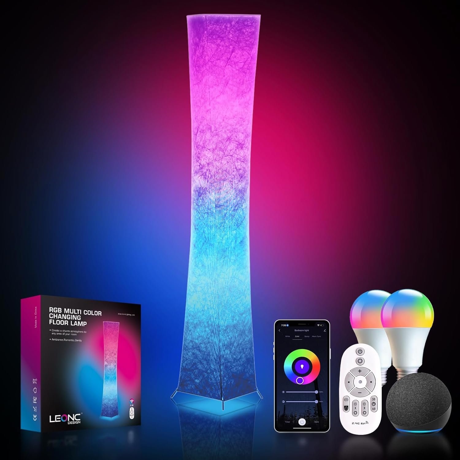 LEONC RGB Floor Lamp with Remote, 1800lm LED Tuya Smart 9W×2 Bulbs, 65″ Smart Modern Floor Lamp with Alexa, Music Sync and 16 Million DIY Colors, Color Changing Standing Lamp for Bedroom Living Room