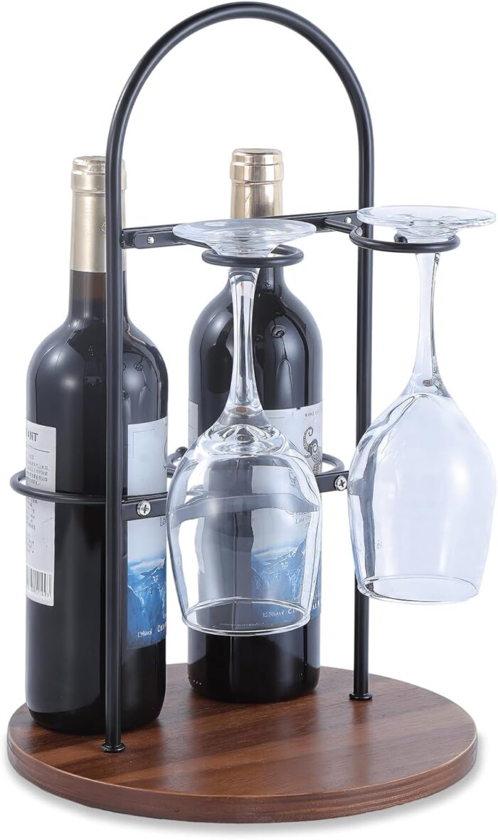 Wine Bottle and Glass Holder for Countertop | Small Wine Rack for 2 Bottles & 2 Glasses | Modern Tabletop Wine Storage with Round Wood Base | Freestanding Wine Stand & Caddy for Home Bar (Black)
