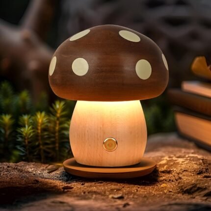 Wooden Mushroom Lamp – Rechargeable Touch Mushroom Light, Aesthetic Bedside Night Light Nature Decor Creative Gifts (Ebony + Beech)