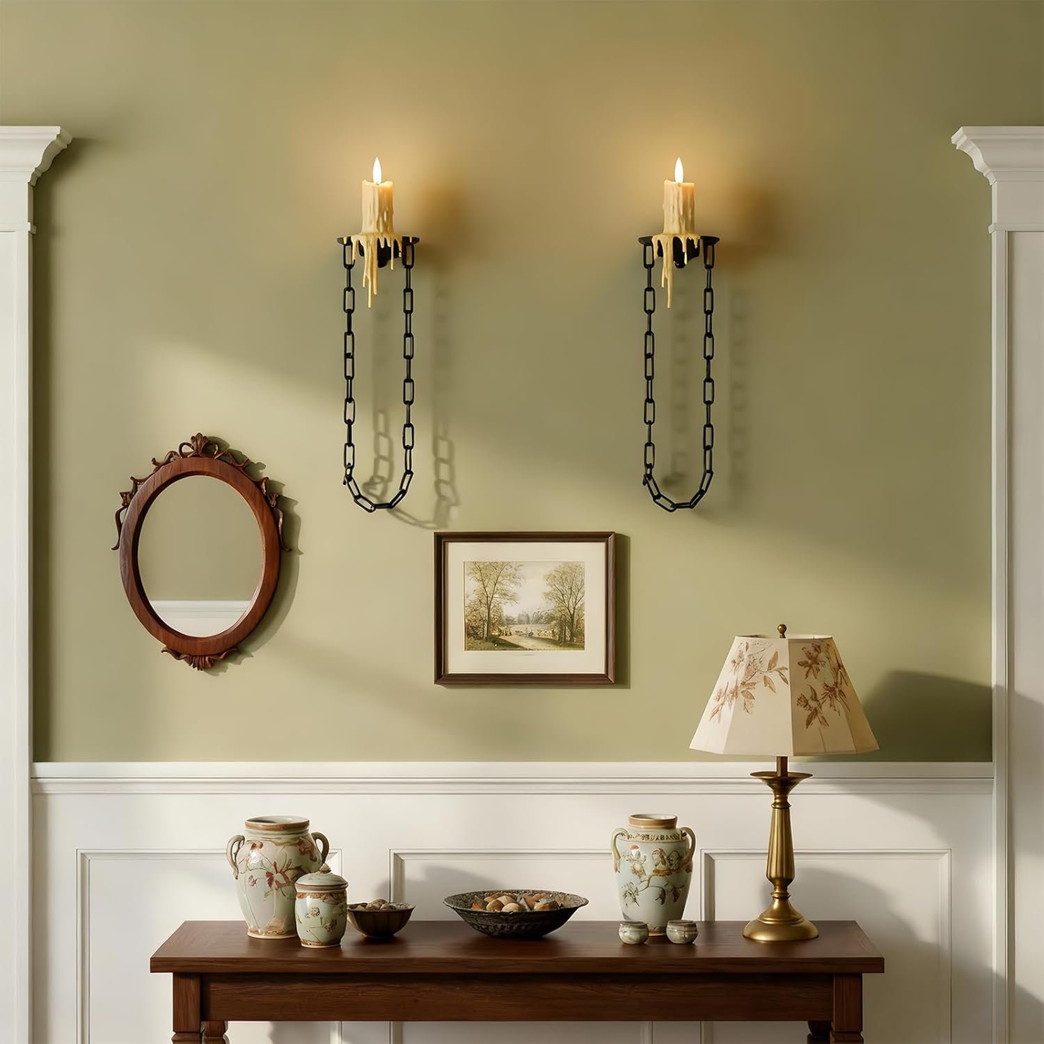 We Moment Candle Sconce(Set of 2)-Medieval Metal Wall Decorations-Gothic Retro Chain Wall Candle Sconces-Black Wall Sconces