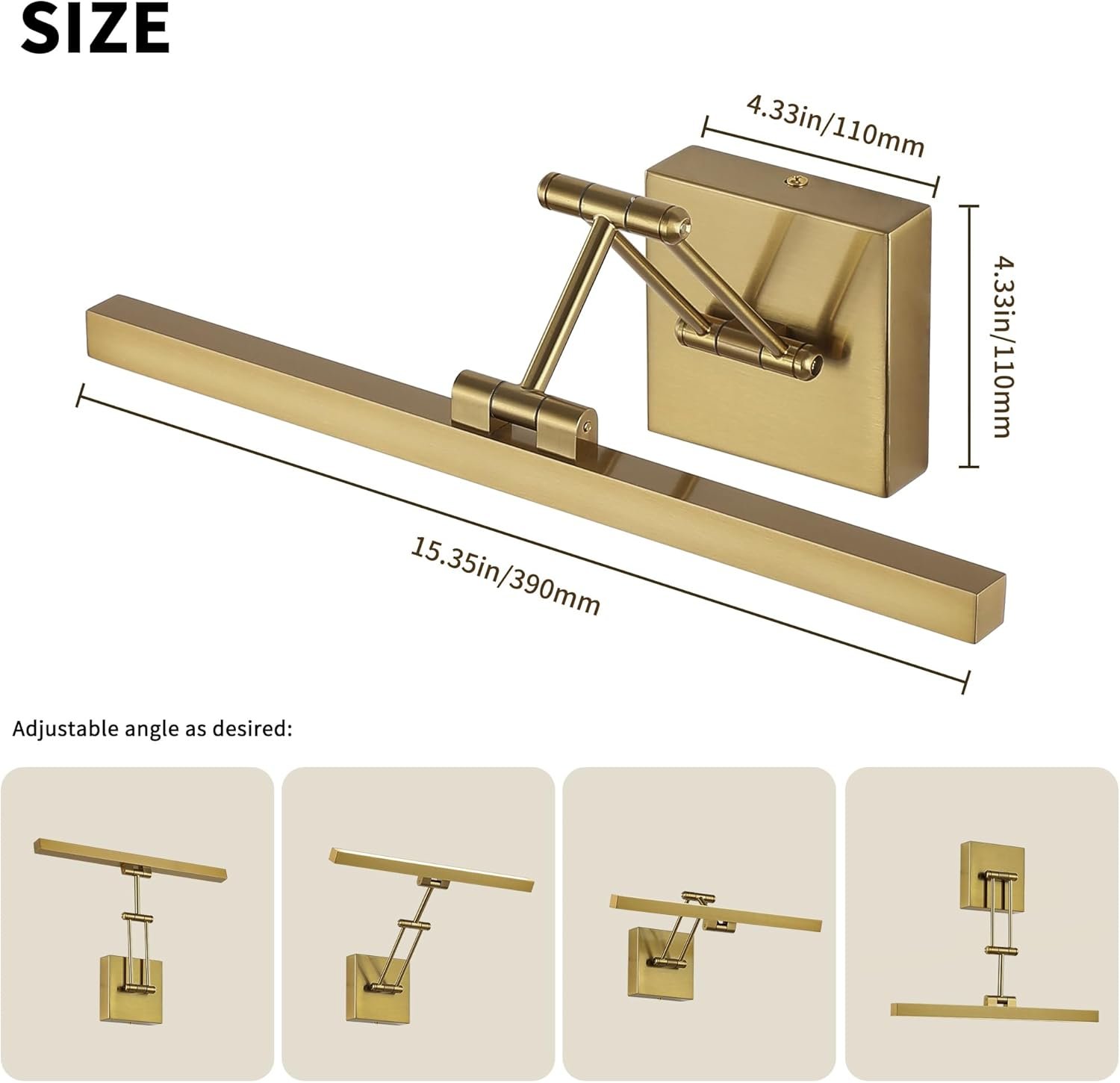 Hard-Wired Picture Light Dimmable LED Picture Lights for Paintings 15.7″ Inch Brass Metal Body Wall Pictures with Adjustable Gold Swing Arm Art Display Lamps 7W 3000K Warm White Book Light