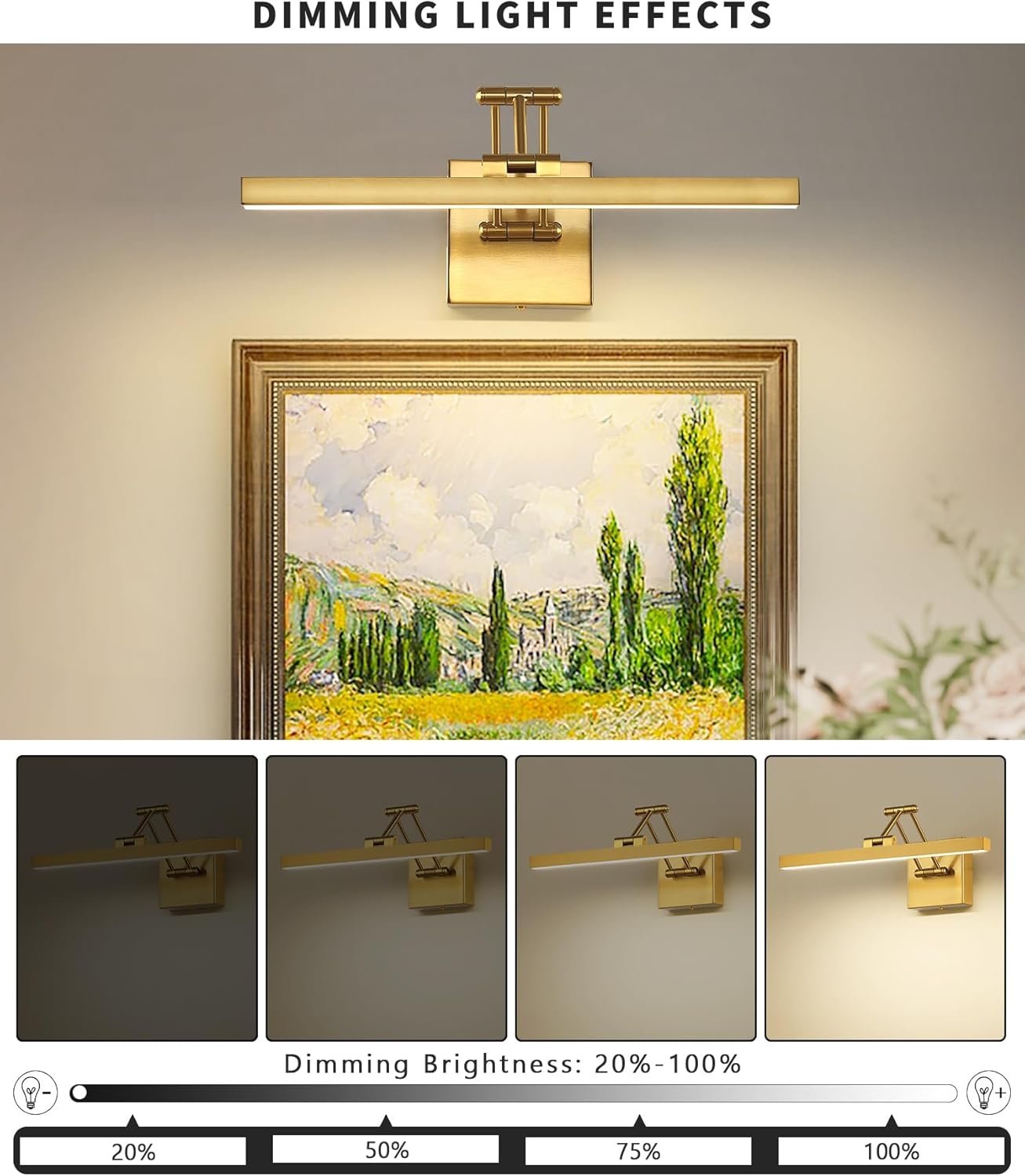 Hard-Wired Picture Light Dimmable LED Picture Lights for Paintings 15.7″ Inch Brass Metal Body Wall Pictures with Adjustable Gold Swing Arm Art Display Lamps 7W 3000K Warm White Book Light