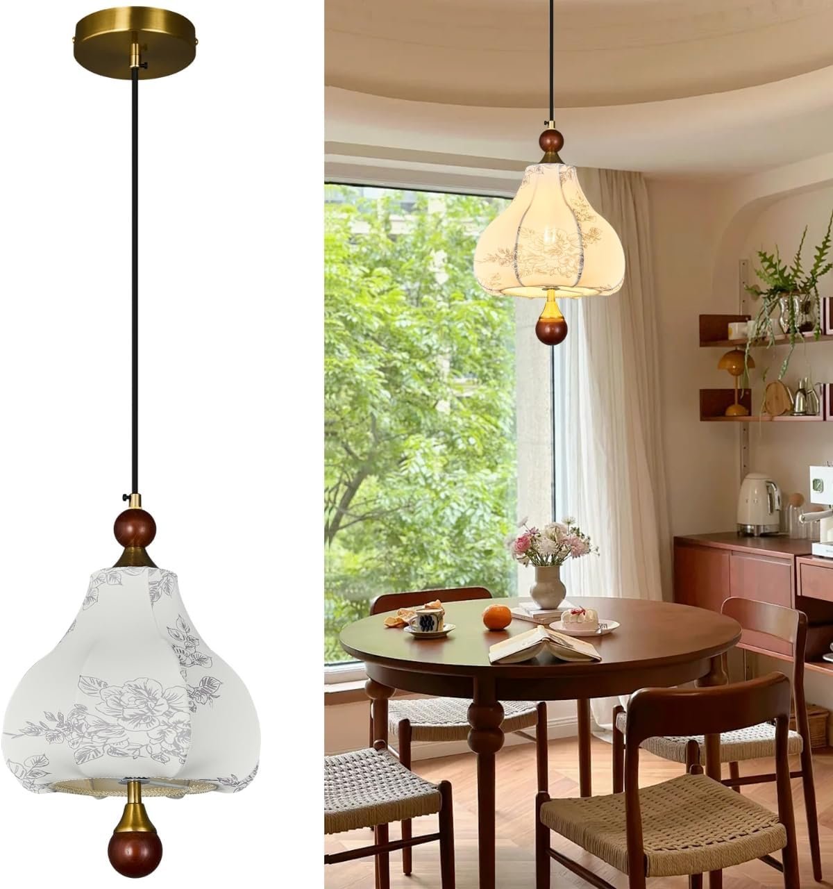 Fabric Pendant Light, Modern Wood Single Head Hanging Lamp, Brass Finished Adjustable Pendant Lighting Fixture,Vintage Chandelier for Bedside, Hallway, Bedroom, Kitchen Island, Restaurant