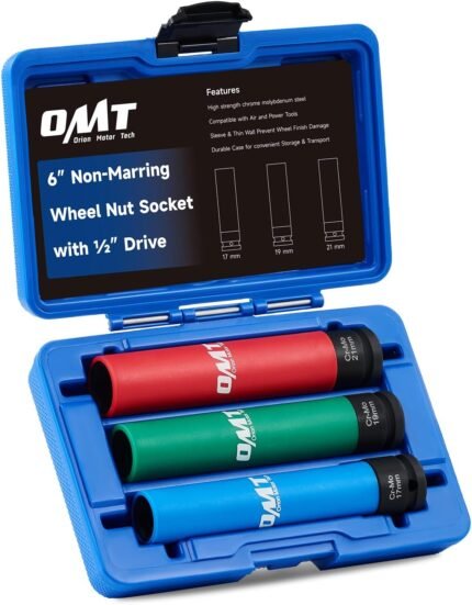Orion Motor Tech Lug Nut Socket Set, 3pc 1/2″ Drive Extra Long Impact Sockets with 17mm 19mm 21mm Metric Sockets, 6″ Thin Wall Wheel Lug Nut Deep Sockets with Colored Protective Covers & Carry Case