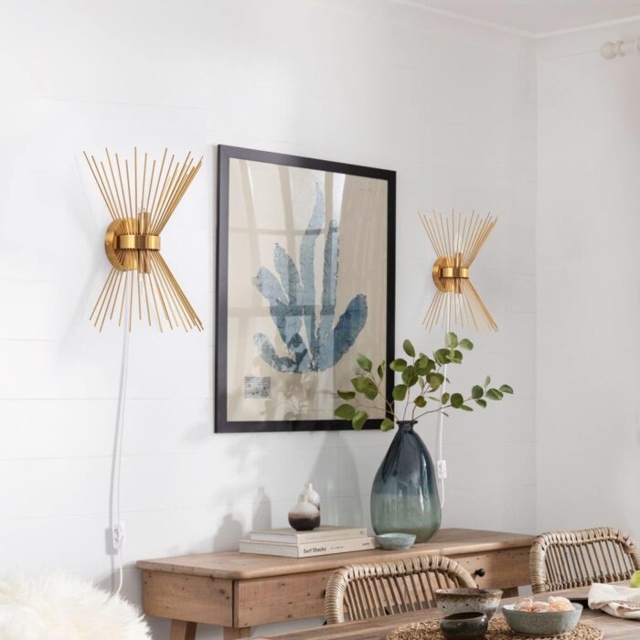 VILUXY Mid-Century Plug in Wall Sconces Antique Brass Brush Paint Finish with Starburst Shade and ON/Off Switch Cord for Bedside, Bedroom, Hallway, Entryway, Passway, Vanity 2 Pack - Image 2