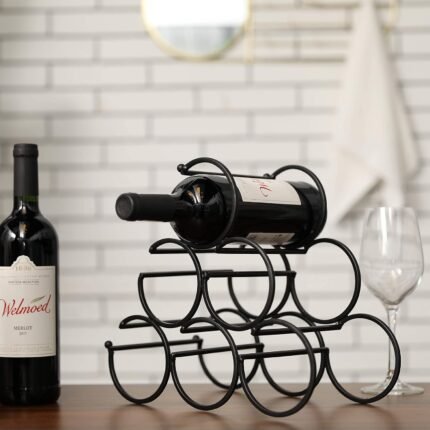 JHY DESIGN Iron Tabletop Wine Rack 11.5”x6”x10.5” Rustic Wine Bottle Rack Storage Wine Shelf Freestanding Wine Holder Portable Wine Cabinet Mini Bar for Home Counter(6 Bottles Design Dia 3.5inch)
