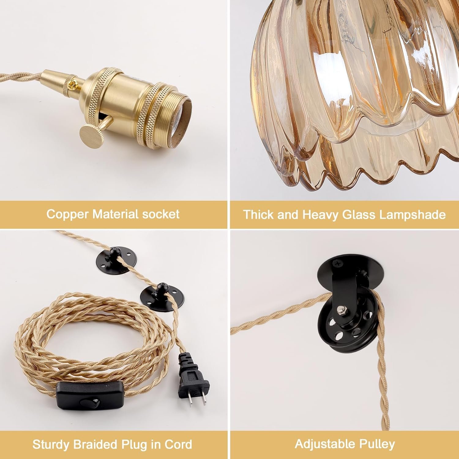 Mini Plug in Pendant Light Hanging Light Fixture Corded On/Off Switch Brass Pendant Light with Amber Tulip Glass Lampshade for Bedroom Living Room Kitchen Island