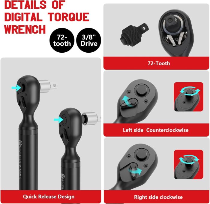 3/8-inch Digital Torque Wrench(1.5-99.6Ft.Lb/2-135Nm) ±1% Accuracy Digital Torque Wrench with Vibration, Buzzer,LED Notification and Five Units of Measure, for Motorcycle, Auto Repair - Image 5