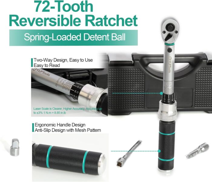 3-Piece Click Torque Wrench Set – 1/4", 3/8", 1/2" Drive, ±3% Accuracy, 72-Tooth Ratchet, Dual-Direction, Chrome Vanadium Steel, Includes Storage Cases - Image 4