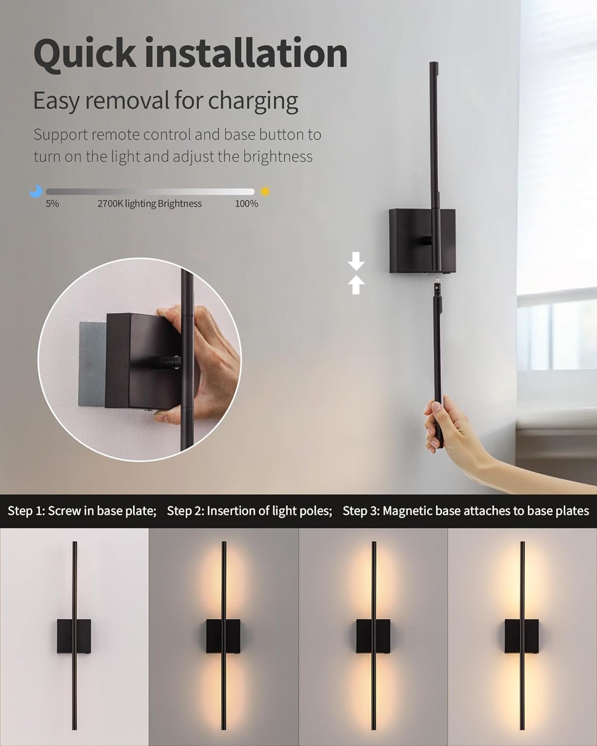 KDG Cordless Wall Sconces Set of 2, Wireless 7000mAh Rechargeable Battery Operated LED Wall Lamps with Remote, 360° Rotate Lightings for Wall Painting, Bedroom, Hallway, Night Light 23.6 inch (Black)