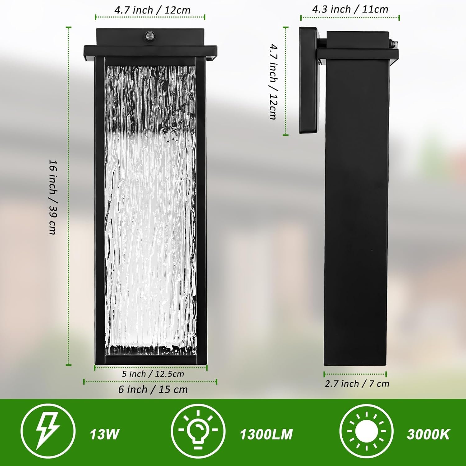 16″ Black Dusk to Dawn LED Outdoor Wall Light, Large Exterior Lighting Fixture, Modern Outside Wall Mounted Porch Sconce, Waterproof Patio Lantern Lamp with Sensor, 1 Pack