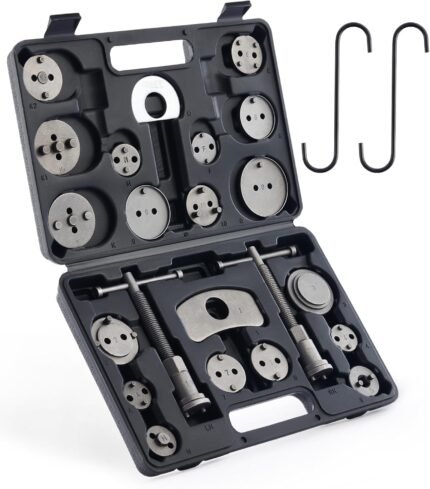 Orion Motor Tech Brake Caliper Wind Back Tool Kit, 24pc Brake Caliper Compression Tool Set with Thrust Bolt Assemblies Retaining Plates Caliper Hangers 18 Disc Adapters, Caliper Tool with Case, Black