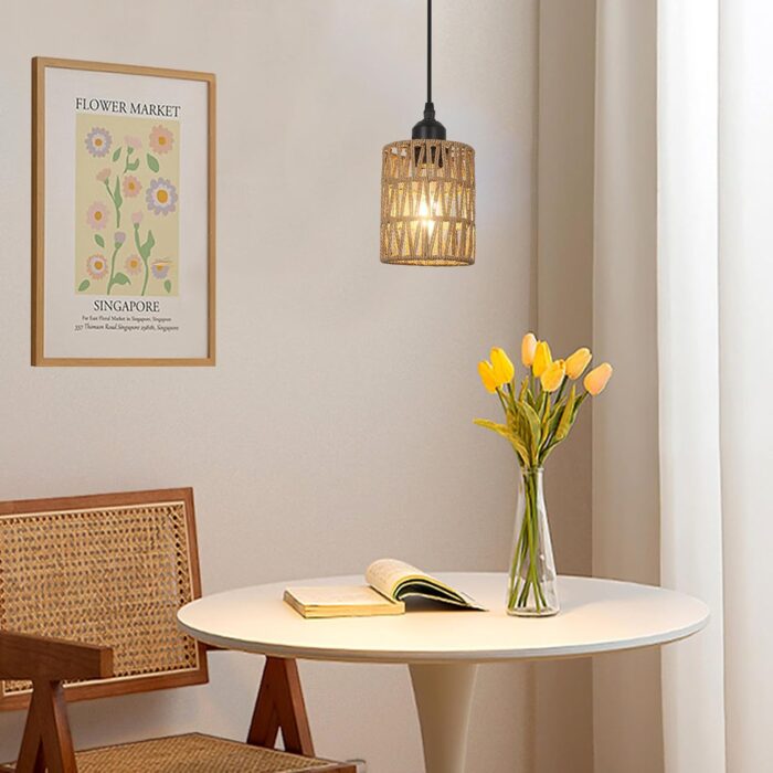 1-Light Rattan Pendant Lights, Boho Farmhouse Pendant Lighting with 4.7×5.9in Hand Woven Shade, Small Wicker Light Fixture Ceiling Hanging for Dining Room Kitchen, Height Adjustable up to 61in - Image 7