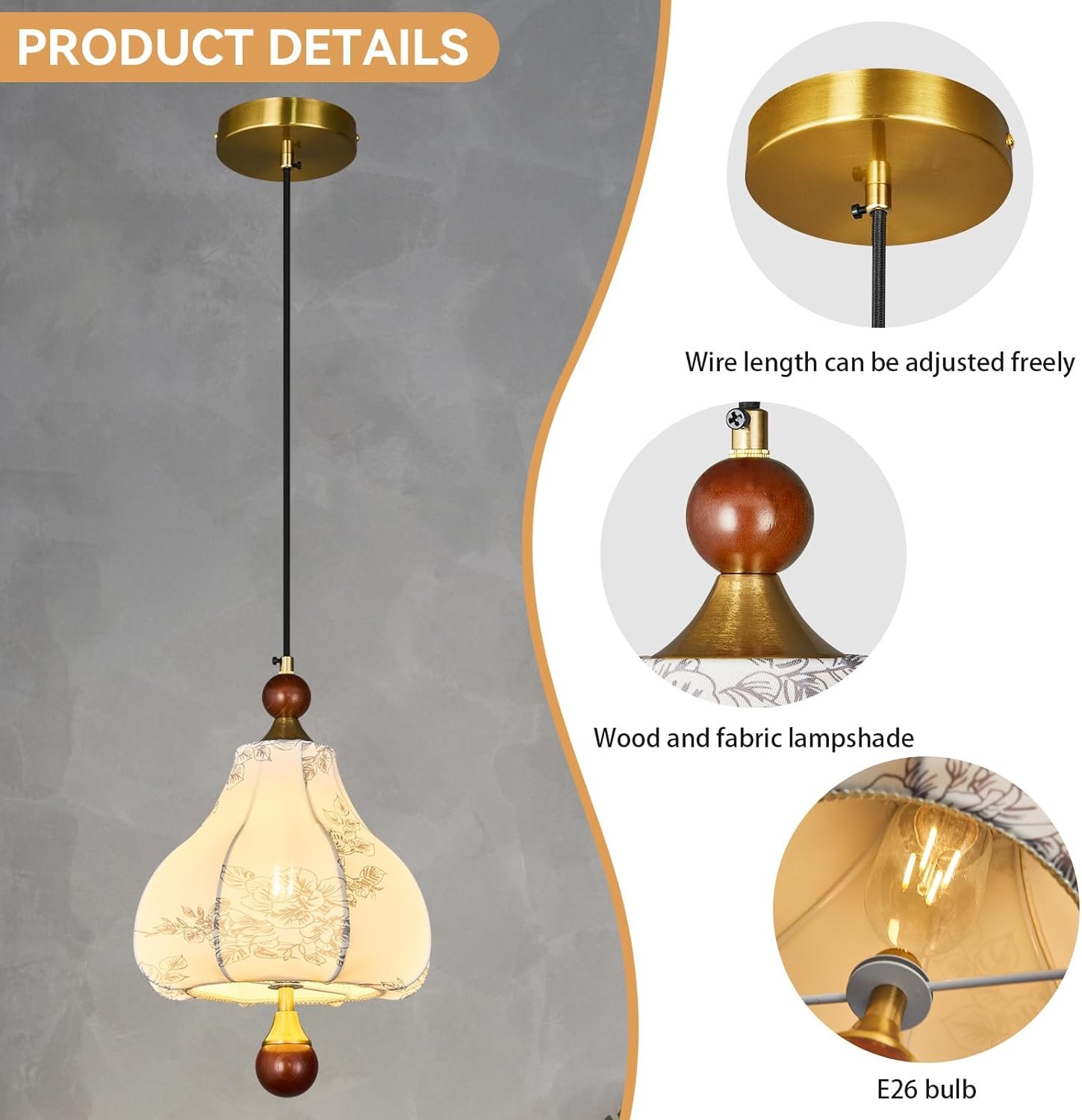 Fabric Pendant Light, Modern Wood Single Head Hanging Lamp, Brass Finished Adjustable Pendant Lighting Fixture,Vintage Chandelier for Bedside, Hallway, Bedroom, Kitchen Island, Restaurant