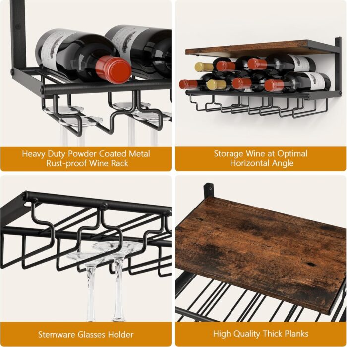 2 Tiers Wine Rack Wall Mounted with Wine Bottle Holder & Wine Glass Rack, Bar Shelves for Liquor Bottles, Hanging Wine Rack, Wine Storage Display Rack Shelf for Home Bar,Dining Room,Kitchen,Rustic - Image 4