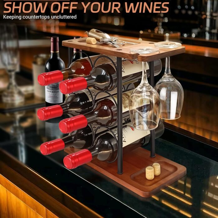 Wooden Wine Racks Countertop with Tray, Wine Bottle Holder for 6 Bottles & 2 Glasses, Perfect for Kitchen, Bar, Table, Cabinet, Wine Cellar - Image 3