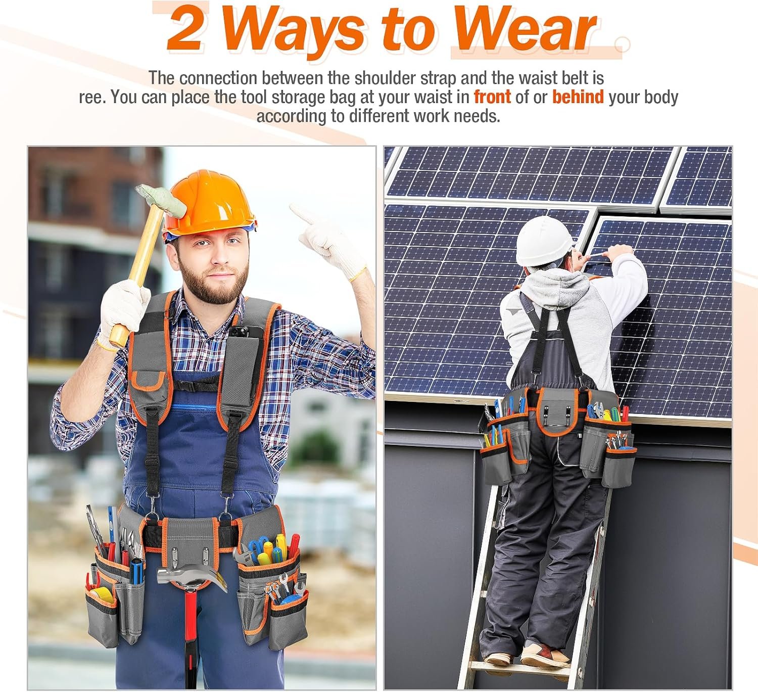 Puratalon Tool Belt Suspenders Padded Carpenter for Men, Detachable & Adjustable Electrician Tool Belts with 24-Pocket for Framers,Roofing,Contractor, 32”-66″, Grey and Orange