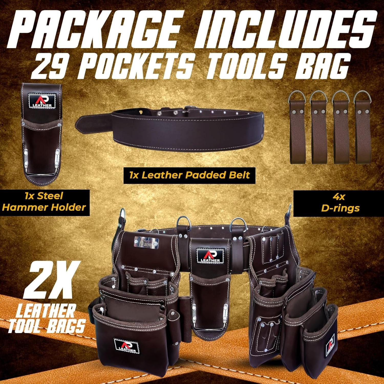 Ap-Leather Pro-302 Premium Oil Tanned Leather Tool Belt, Carpenter Tool bag | Tool Belt 29 Pockets Tool Pouch with 4 Loops, Carpenter, for 30″ to 52″ (Maroon, Full Siza) (Chocolate Brown, Full Size)