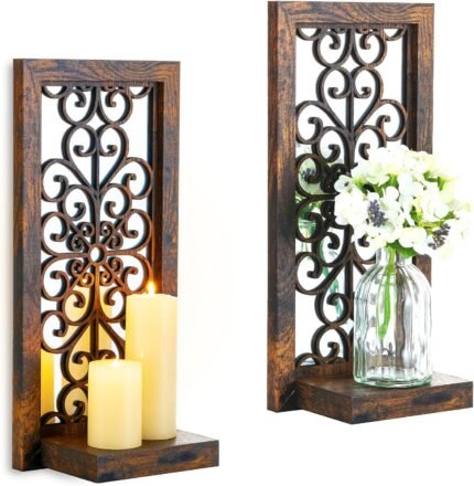 Farmhouse Wall Candle Holder Decor: Rustic Candle Sconces Set of Two for Pillar Candles – Brown Wooden Shelving for Fireplace Bathroom Hallway