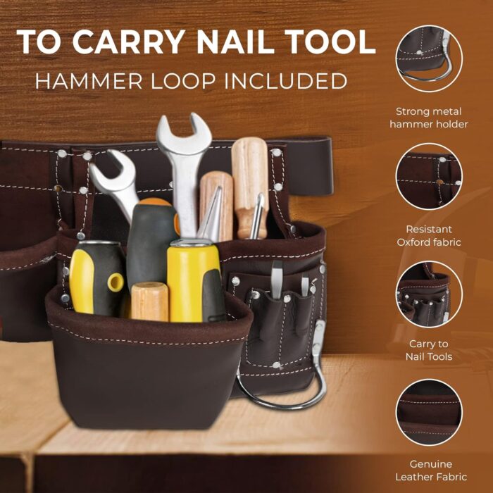 Leather Tool Belt Pouch Bag, Comfort Back Support Tool Pouches with Suspenders for Construction,Framers,Carpenter,Handyman (Black, Extra Large)30" waist size up to 56" (12 POCKET BROWN) - Image 5