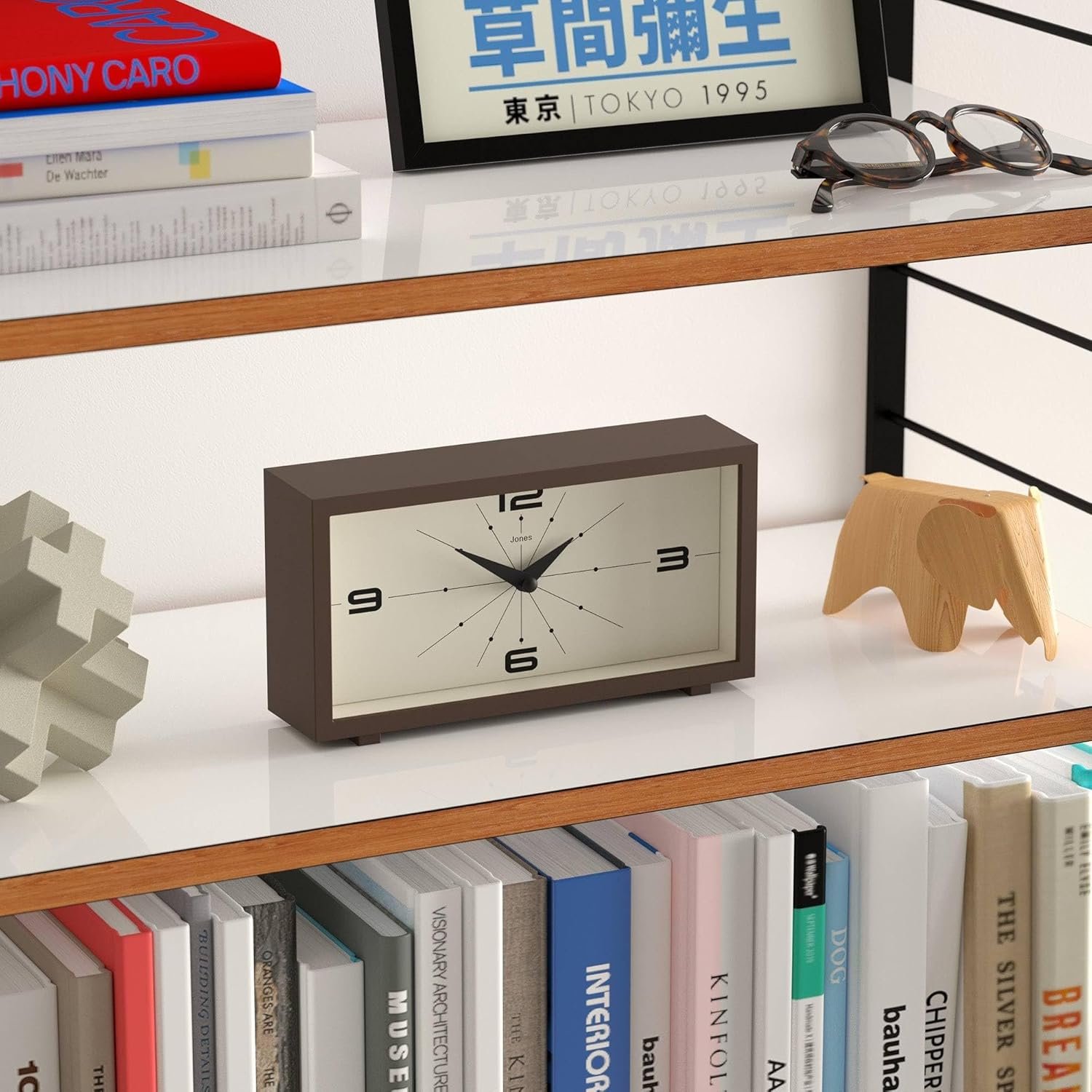 JONES CLOCKS® ‘Odeon’ Desk Clock | Modern Rectangular Design in Brown, Stylish Retro Look for Shelf, Table, Mantel or Bedside