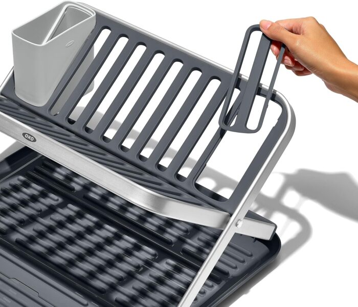 OXO Good Grips Aluminum Fold Flat Dish Drying Rack, 2-Tier, with Drainboard, for Kitchen Counter, Collapsible - Image 7